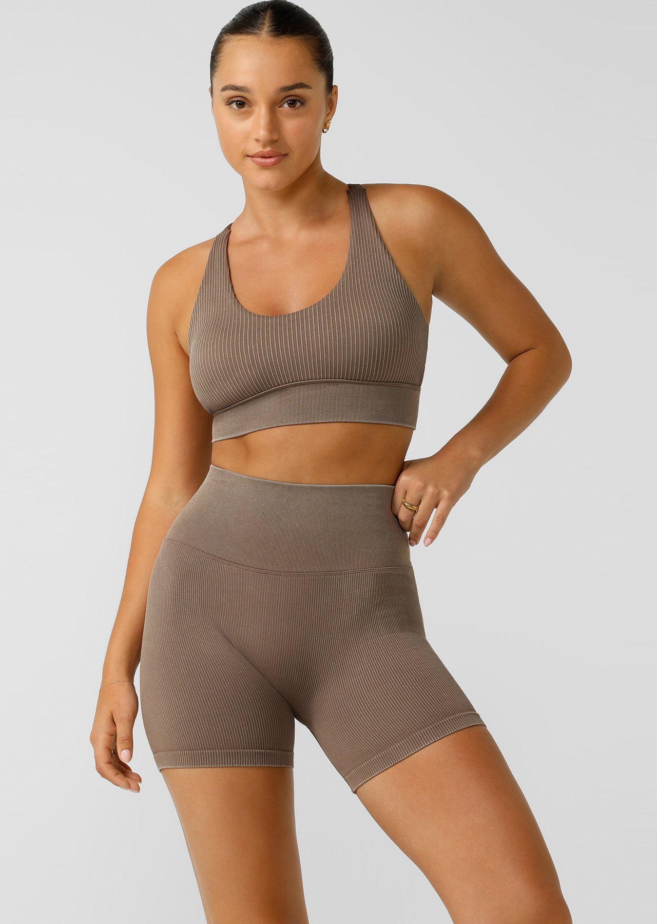 Lorna Jane It Girl Wide Ribbed Seamless 12cm Bike Shorts - Washed Bone