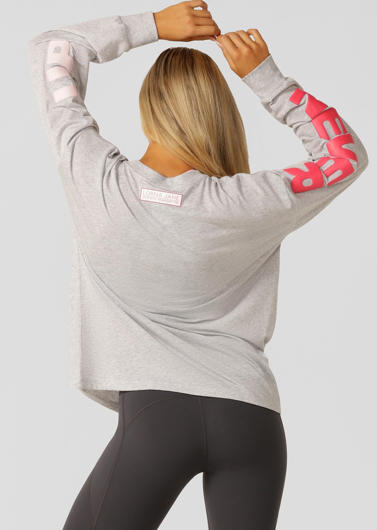 Lorna Jane Never Give Up Long Sleeve Relaxed Tee - Light Grey Marl