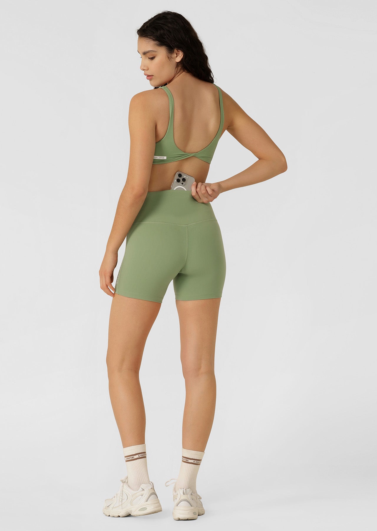 Lorna Jane Lotus No Chafe Phone Pocket 12cm Bike Shorts - Green Goodness