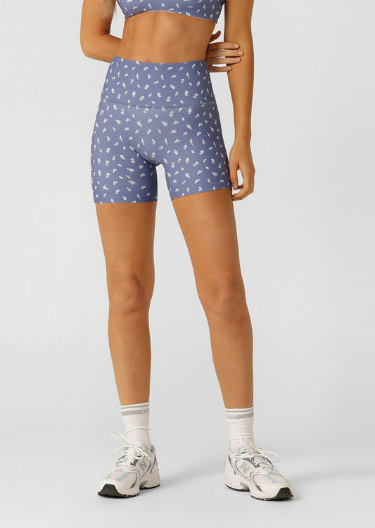 Lorna Jane Blue Fleur Hi Fold No Ride 12cm Bike Shorts - Blue Fleur Print