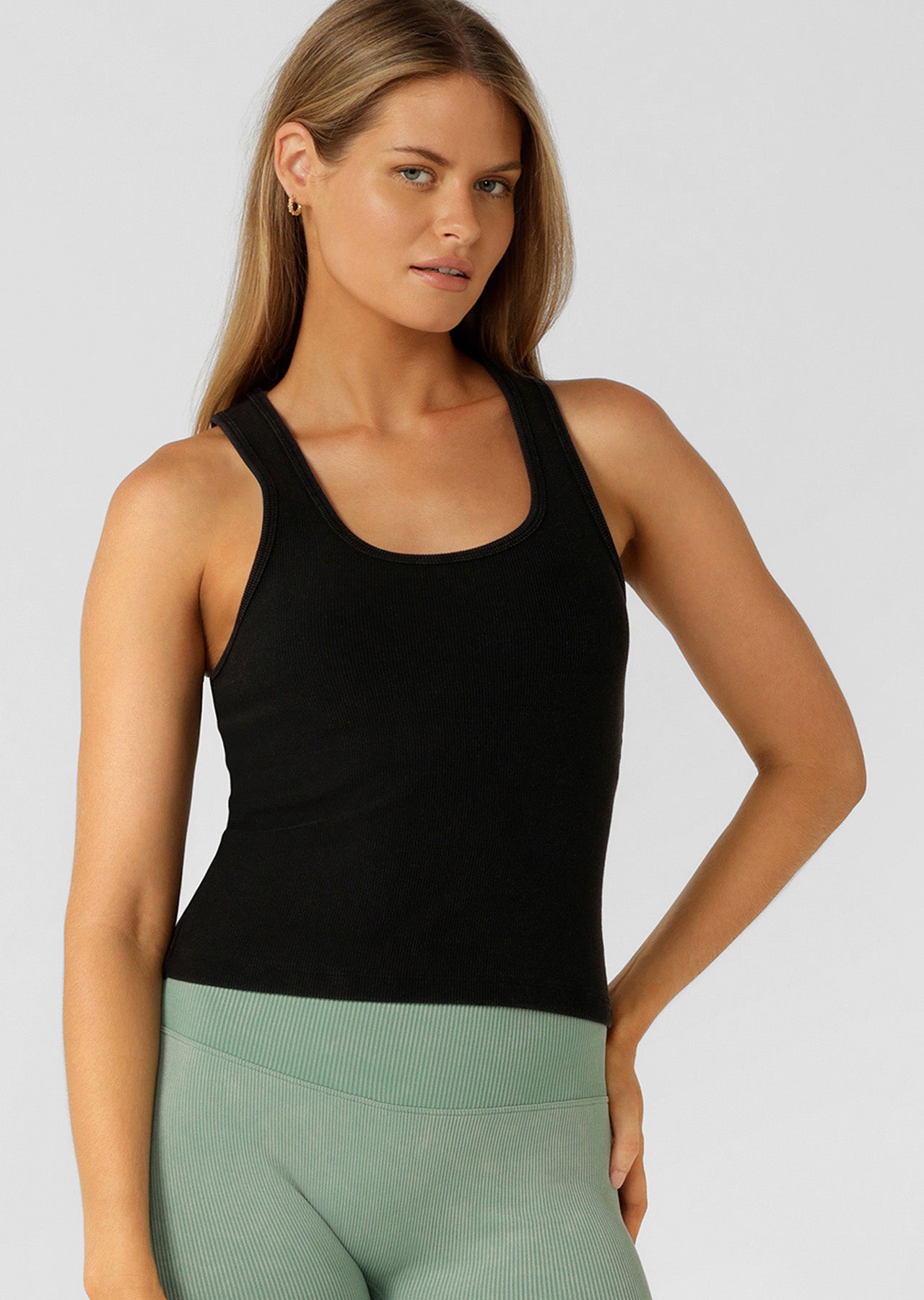 Lorna Jane Scoop Neck Washed Rib Tank - Washed Black