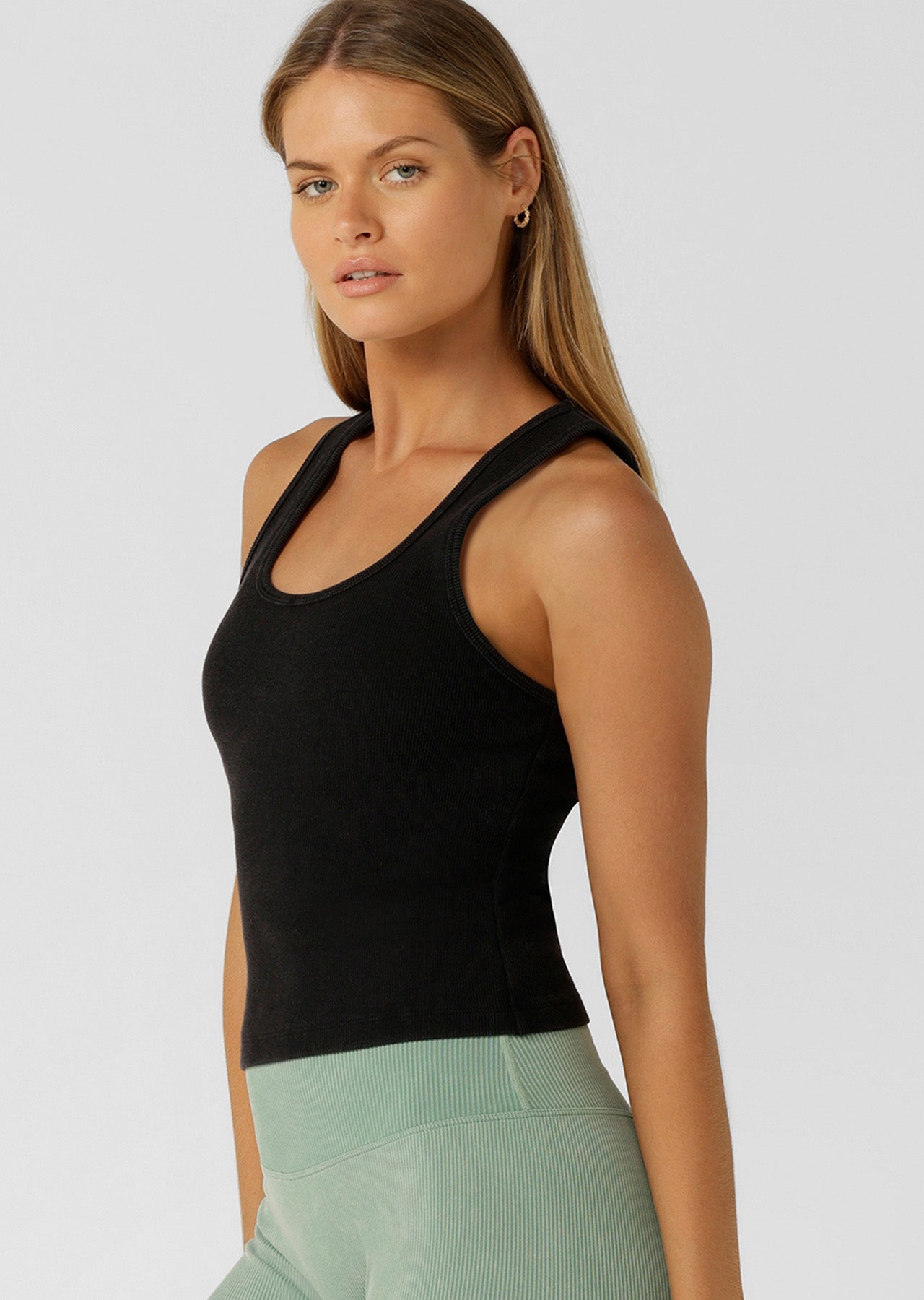Lorna Jane Scoop Neck Washed Rib Tank - Washed Black