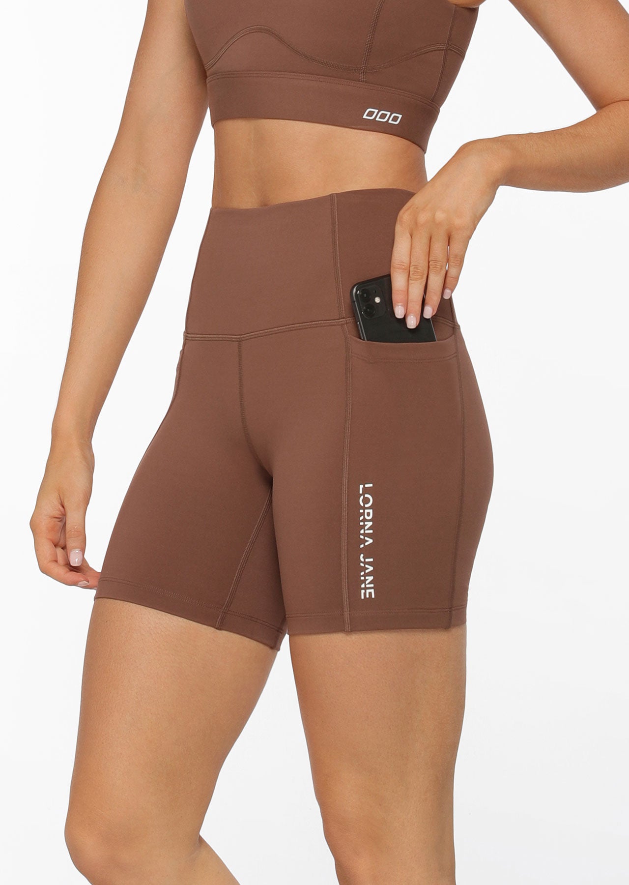 Lorna Jane Trackside Phone Pocket Bike Shorts - Chocolate