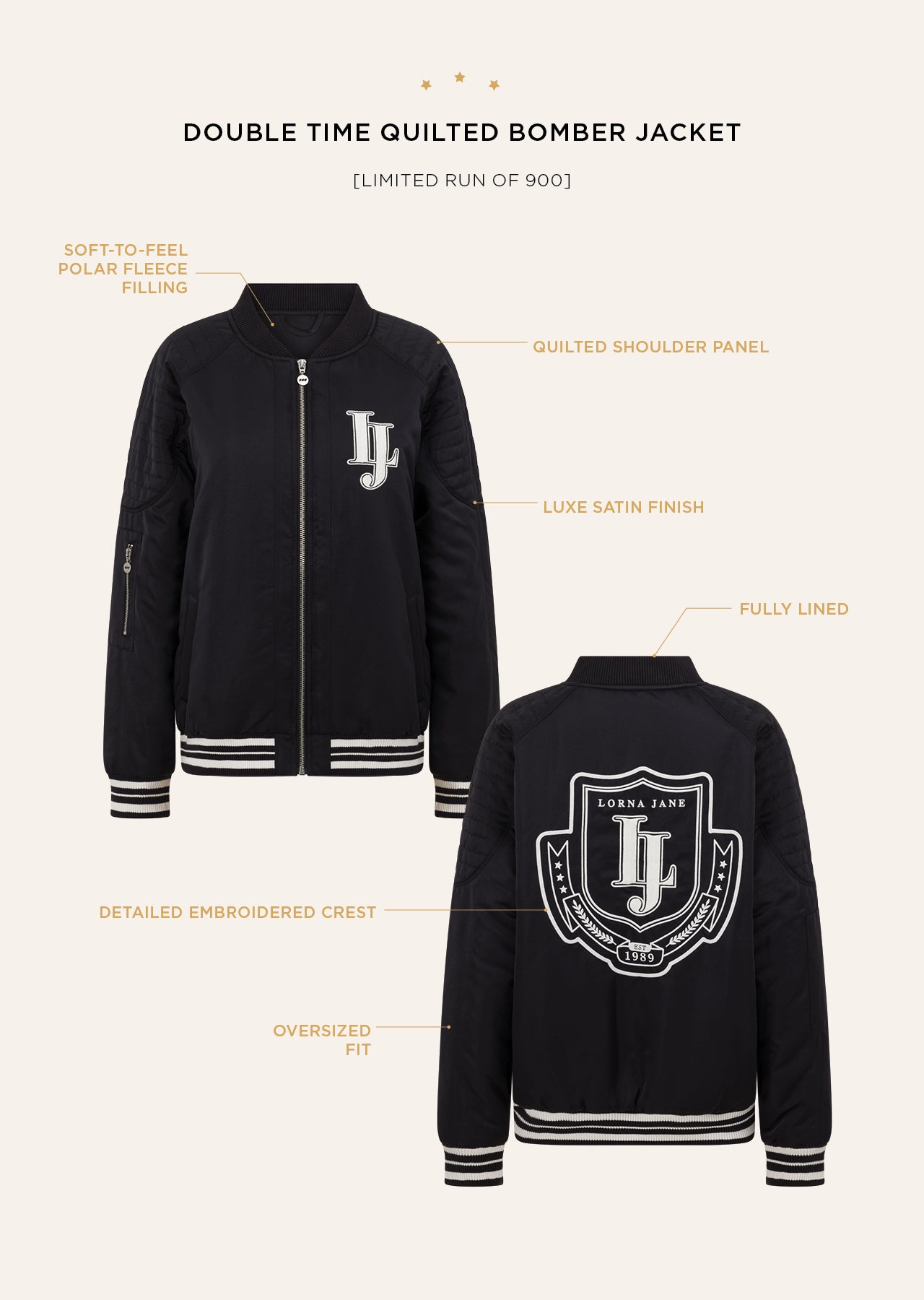 Lorna Jane Double Time Quilted Bomber Jacket - Black