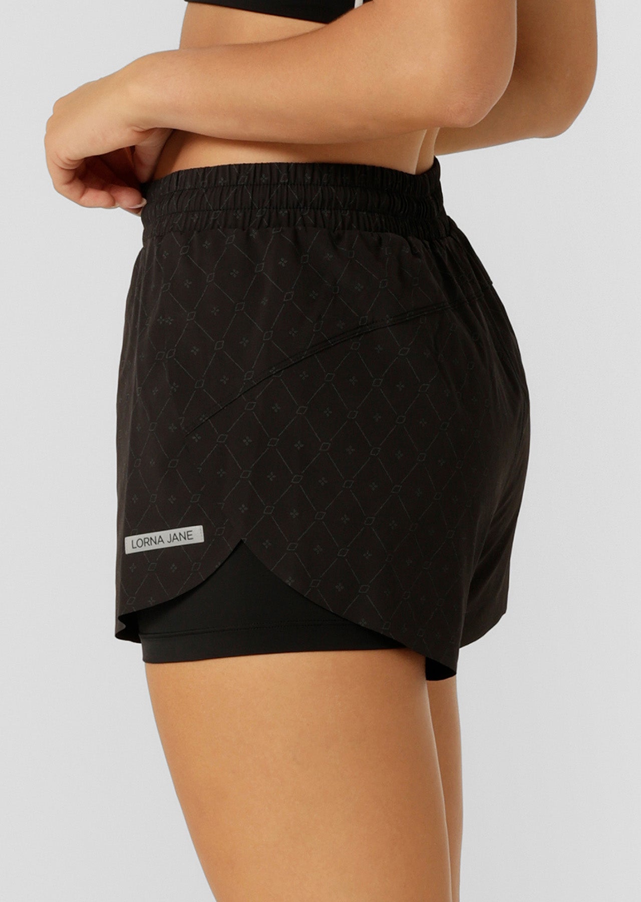 Lorna Jane Reflective Lightspeed Phone Pocket Run Shorts - Black Reflective Monogram Print