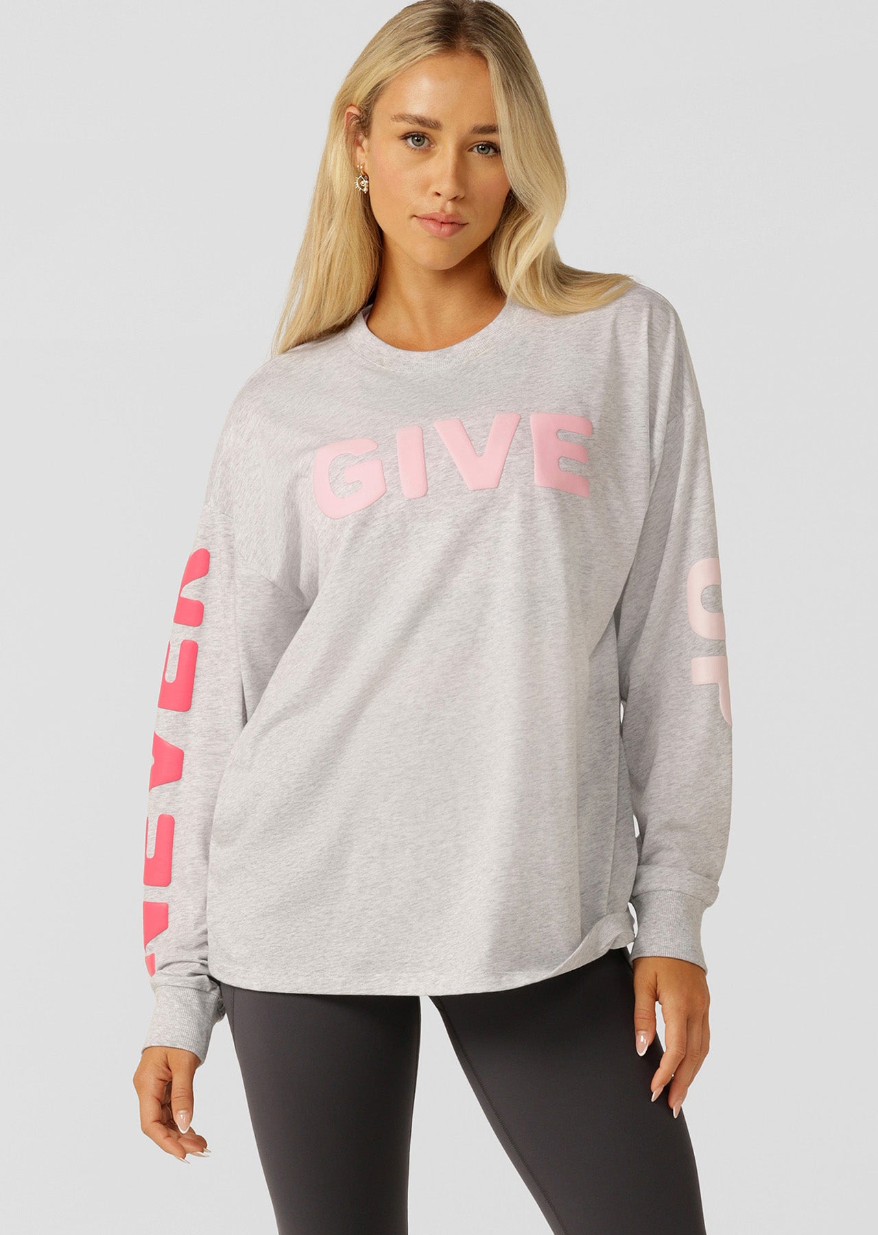 Lorna Jane Never Give Up Long Sleeve Relaxed Tee - Light Grey Marl