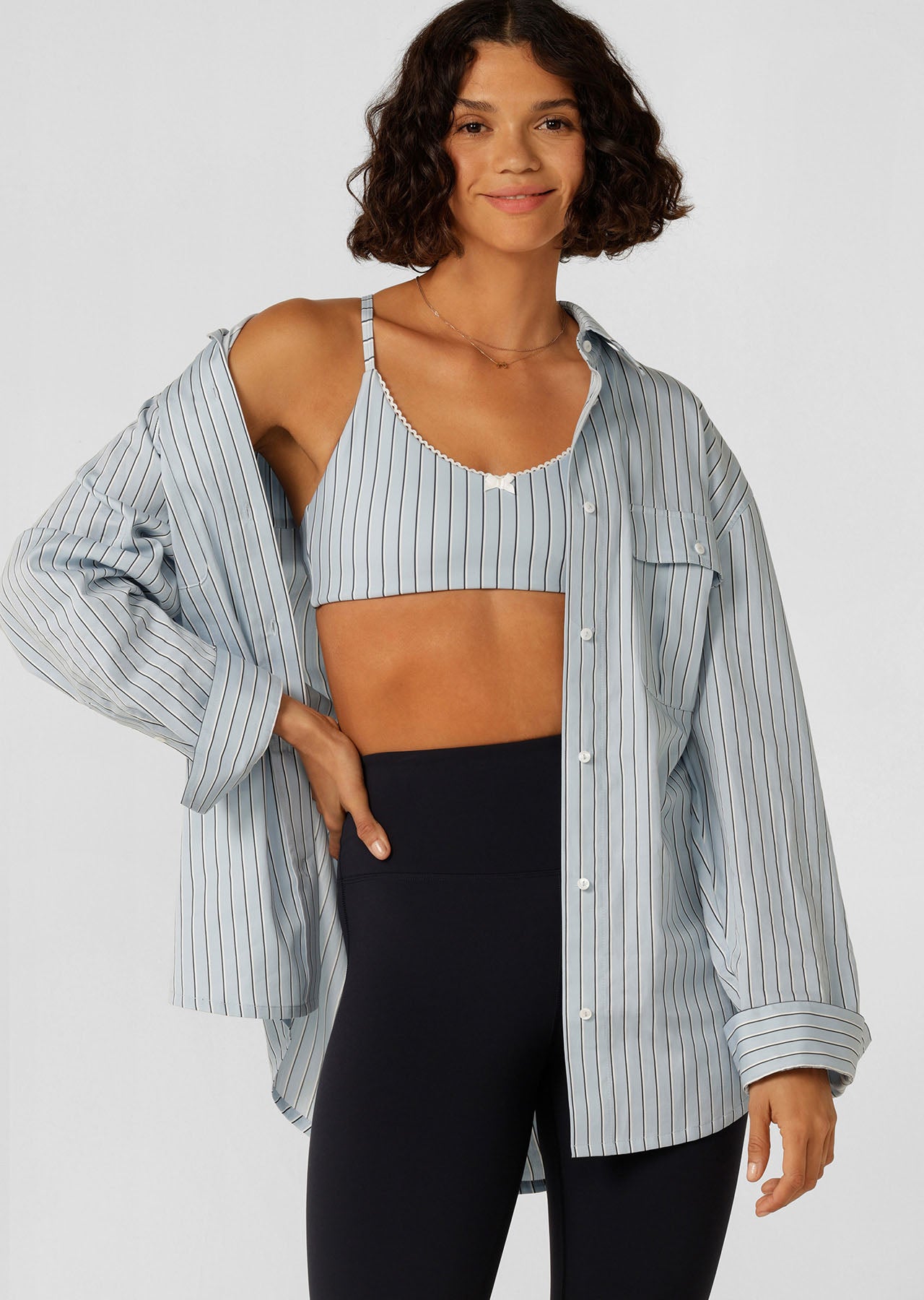 Lorna Jane Tie Back Shirt - Glacier Blue Stripe