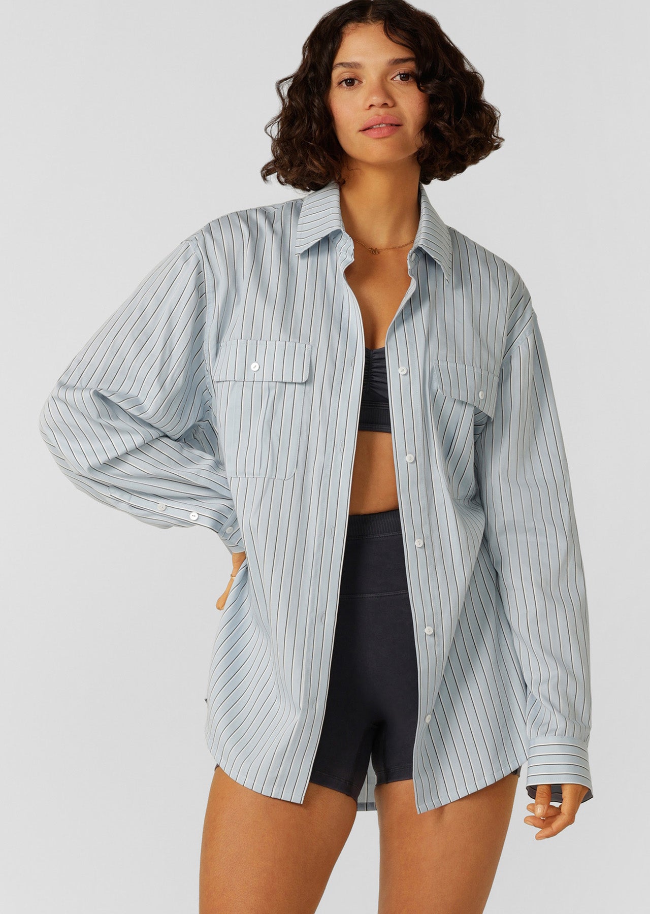 Lorna Jane Tie Back Shirt - Glacier Blue Stripe