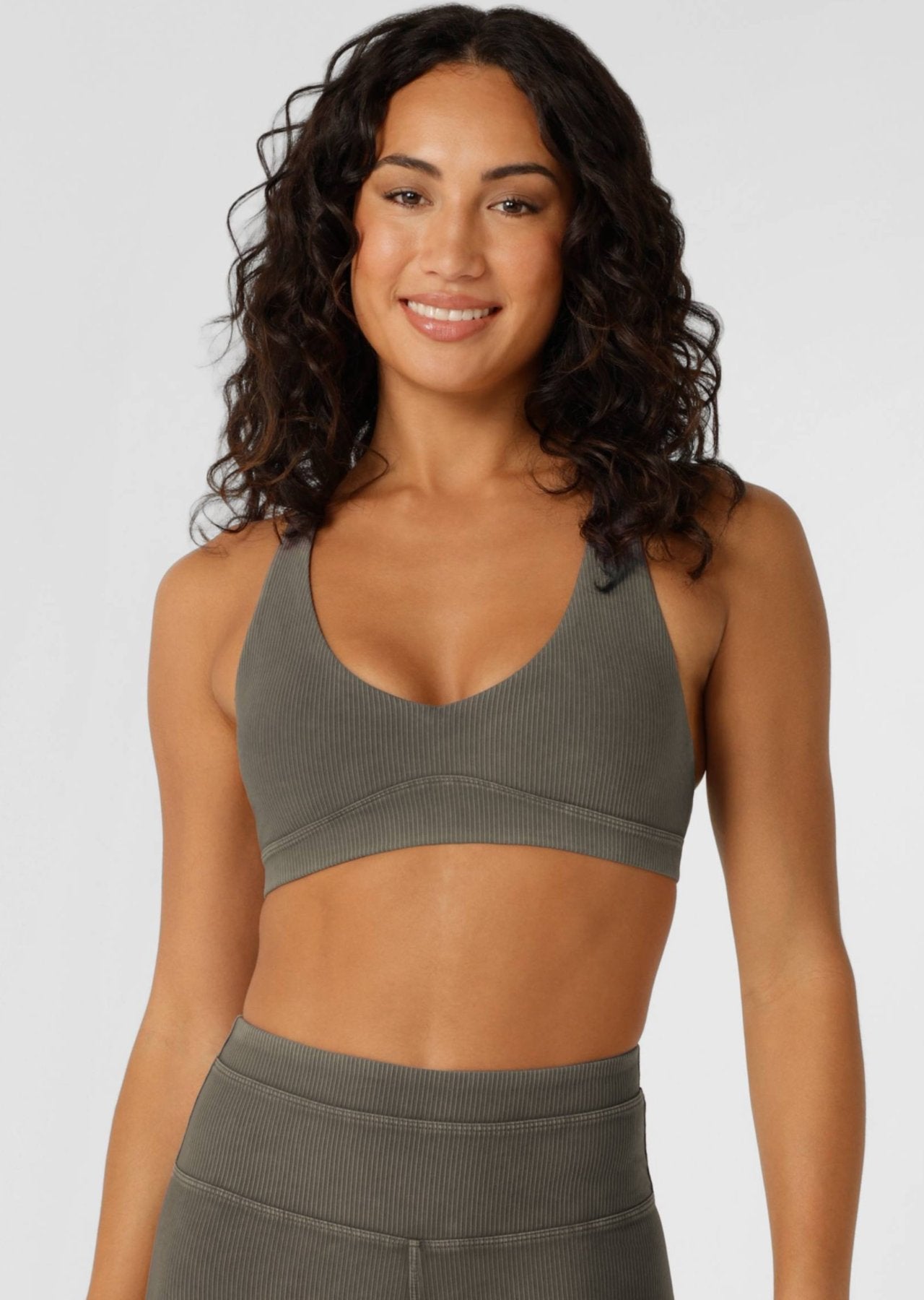 Lorna Jane Perform Washed Rib Sports Bra - Washed Khaki Haze