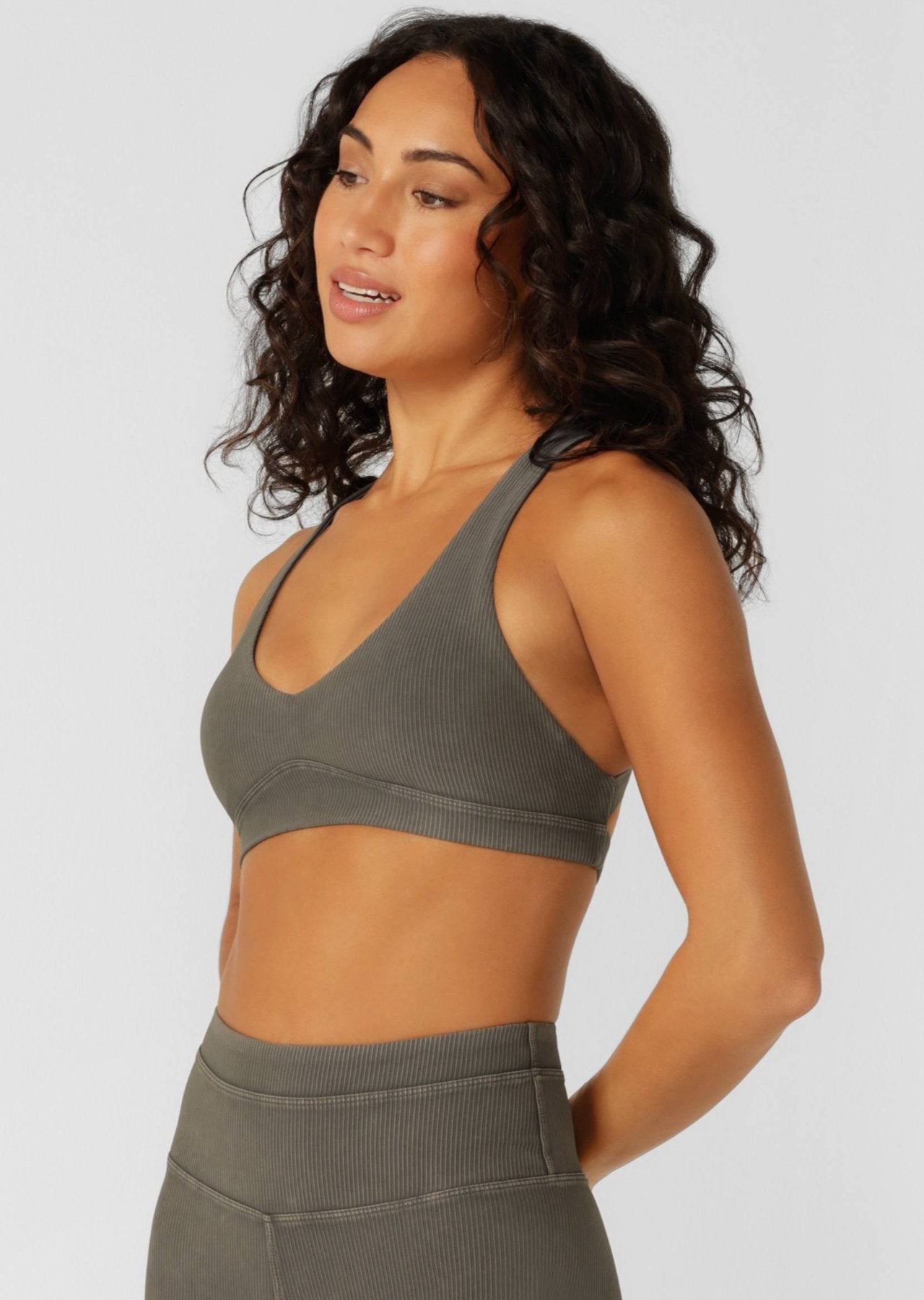 Lorna Jane Perform Washed Rib Sports Bra - Washed Khaki Haze