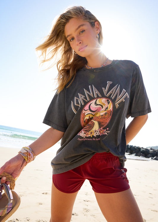 Lorna Jane Route 66 Relaxed Washed Tee - Washed Black