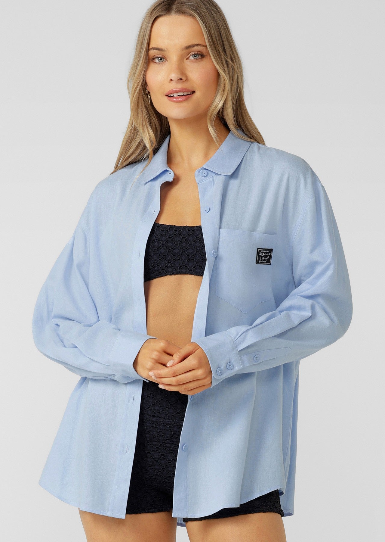 Lorna Jane Everline Long Sleeve Linen Shirt - Oxford Blue