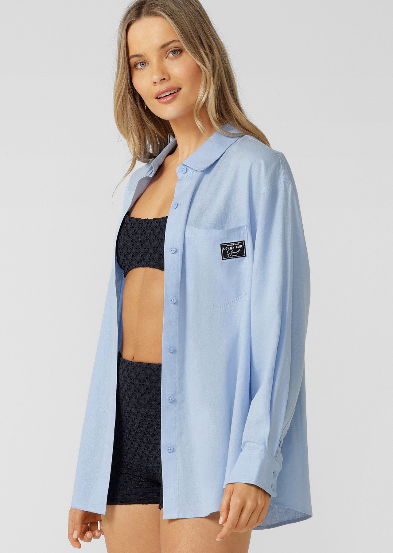 Lorna Jane Everline Long Sleeve Linen Shirt - Oxford Blue