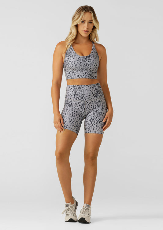 Lorna Jane Wild Leopard Hi Fold Bike Shorts - Grey Scale Leopard Print