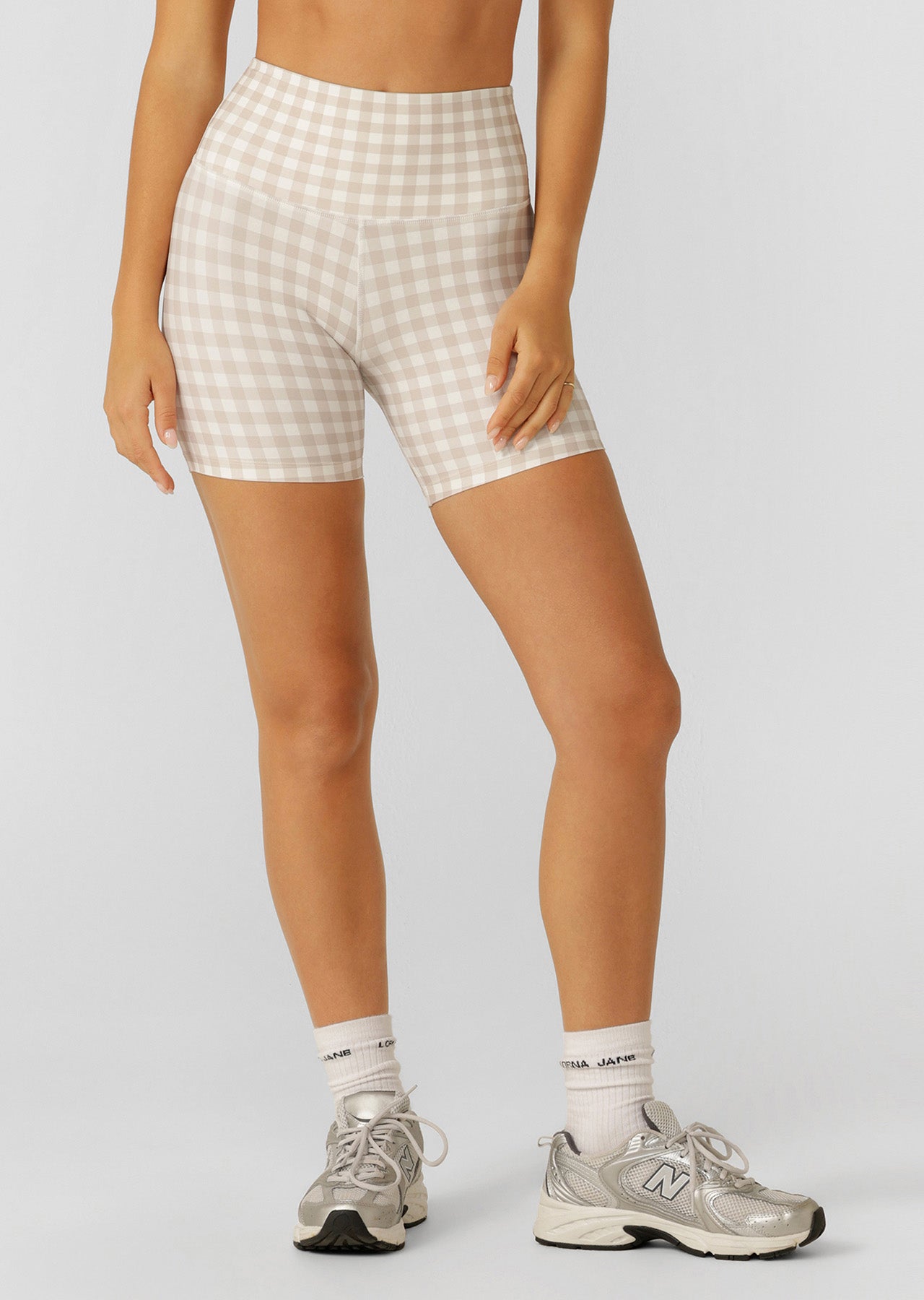Lorna Jane Sweet Gingham 14cm Bike Shorts - Latte Ranch Gingham Print