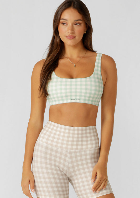 Lorna Jane Sweet Gingham Sports Bra - Soft Mint Ranch Gingham Print