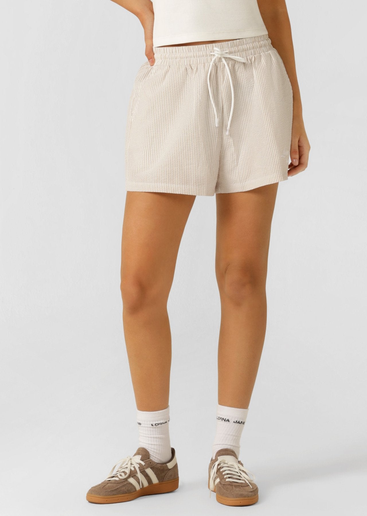 Lorna Jane Country Club Seersucker Shorts - Latte Stripe