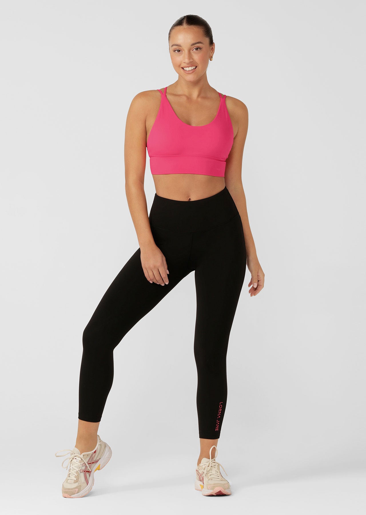 Lorna Jane Lotus No Chafe Ankle Biter Leggings - Black/Neon Raspberry