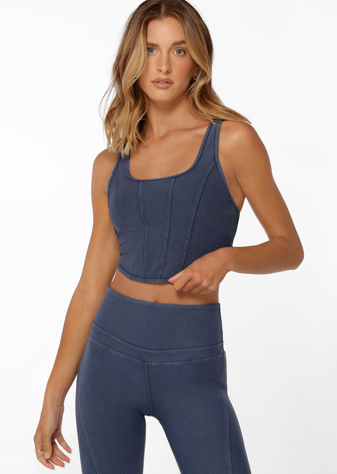 Lorna Jane Stride Washed Rib Tank Bra Combo - Washed Pale Indigo