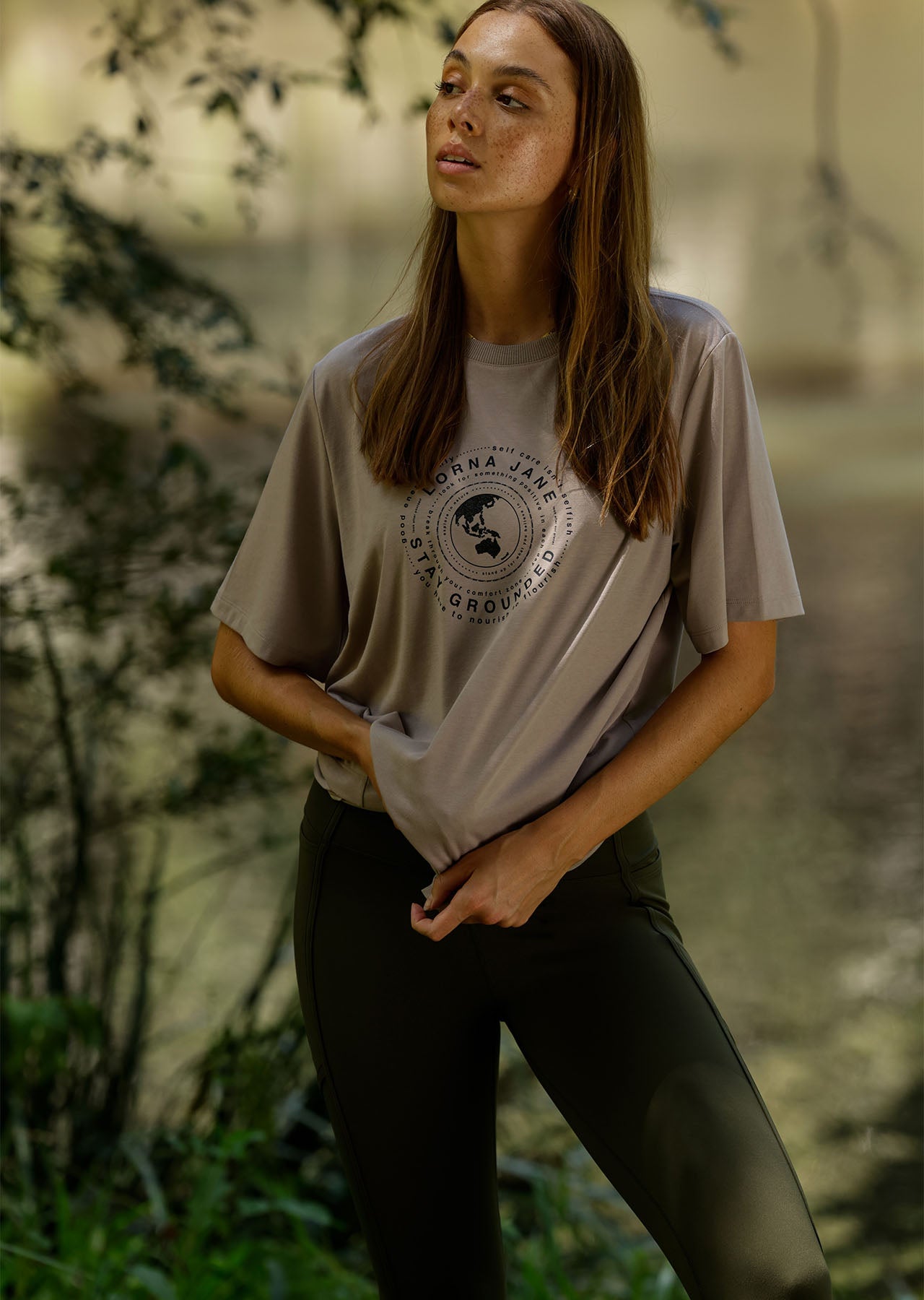 Lorna Jane Stay Grounded Relaxed Tee - Dark Off White