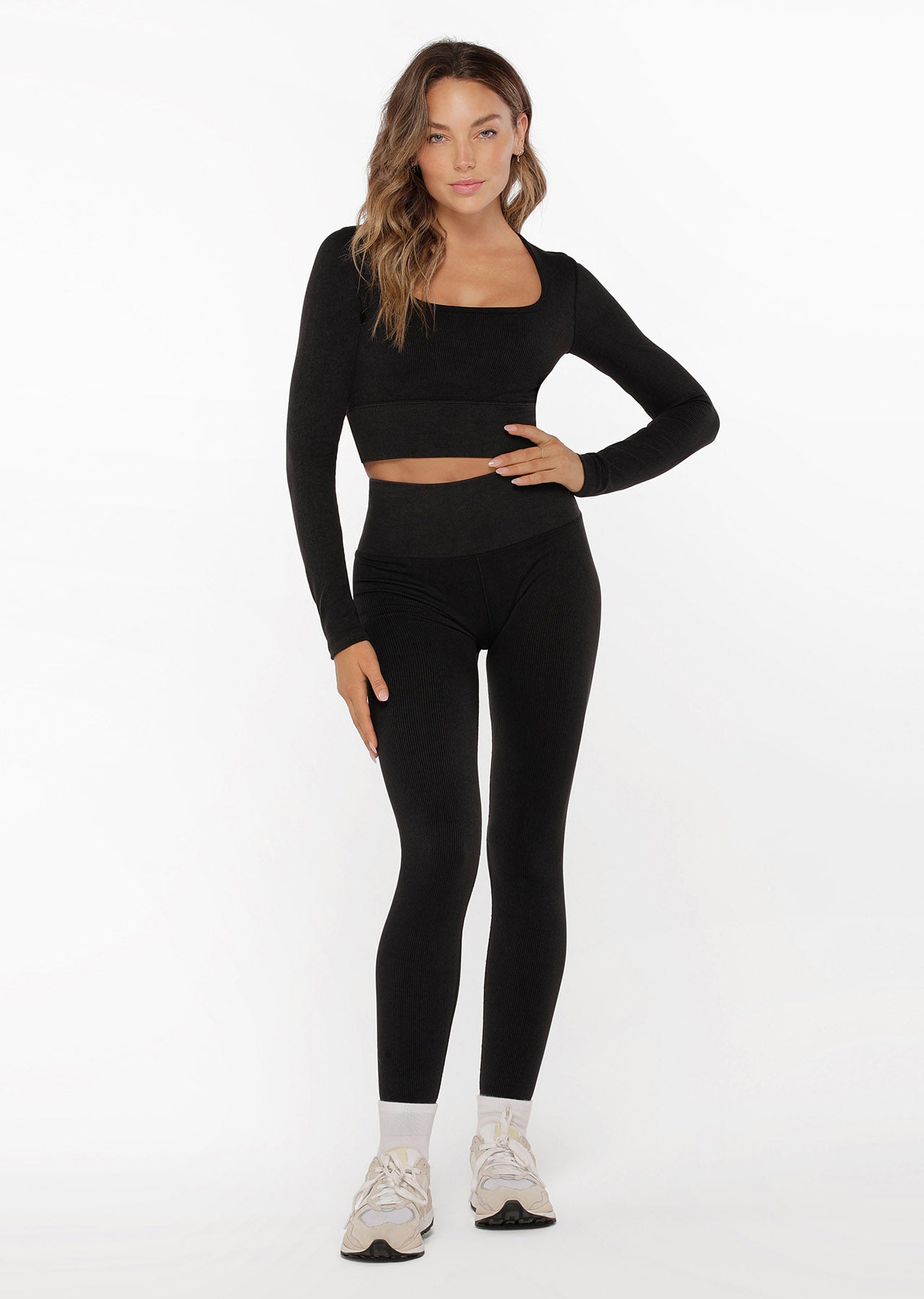 Lorna Jane Tempo Ribbed Seamless Long Sleeve Top - Washed Black