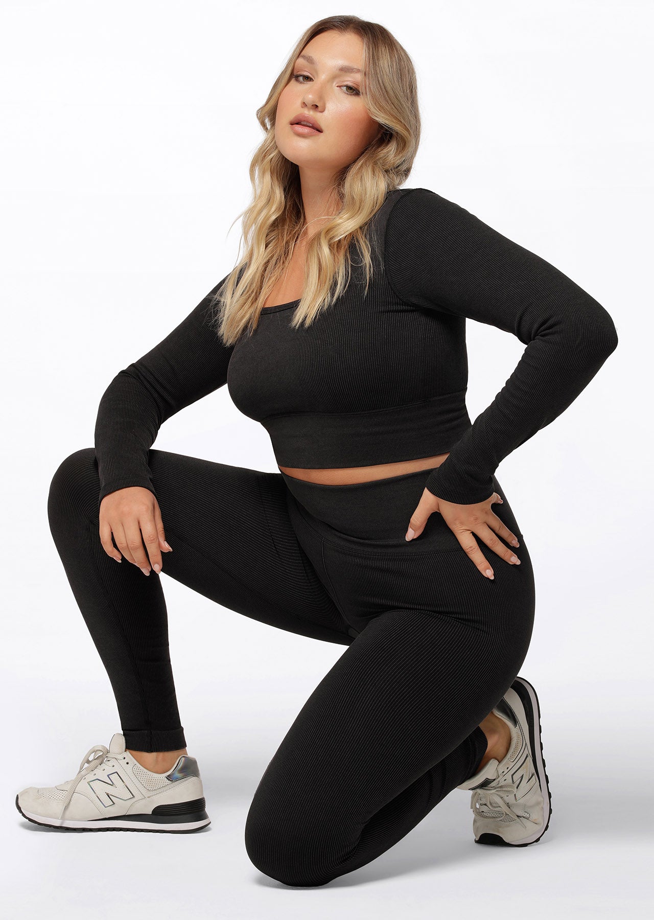 Lorna Jane Tempo Ribbed Seamless Long Sleeve Top - Washed Black